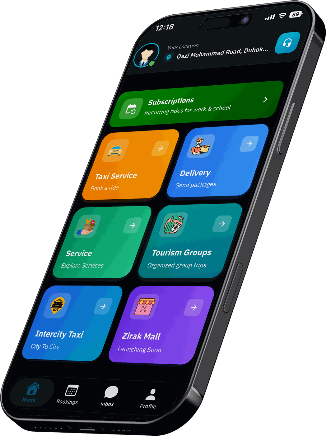 The Zirak app home screen, showing taxi, delivery, home services, tourism groups, intercity taxi and Zirak Mall.
